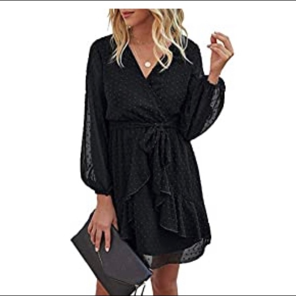 Black polka-dot textured long sleeve dress